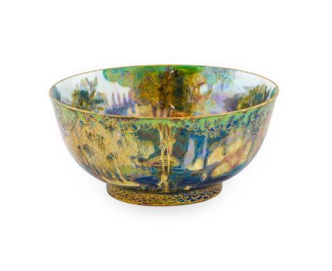 A Wedgwood Fairyland Lustre Woodland Bridge Variation I and Picnic by a River Pattern Imperial Bowl, circa 1920s, pattern num