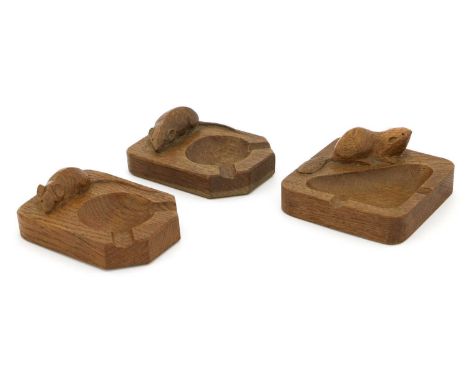 Workshop of Robert Mouseman Thompson (Kilburn): Two English Oak Ashtrays, of standard rectangular form, each with carved mous