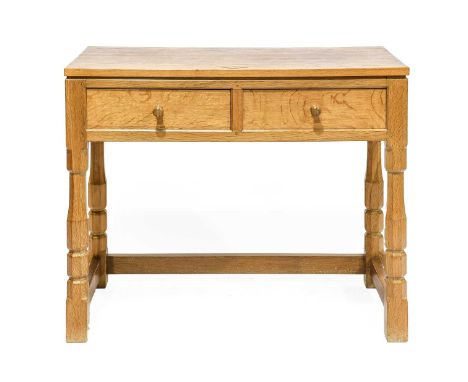 Salmonman: Brian Bowes: An English Oak Hall Table, the rectangular adzed top, above two drawers with turned knob handles, on 