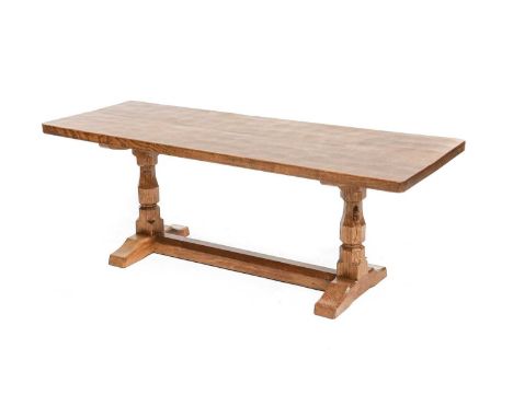 Workshop of Robert Mouseman Thompson (Kilburn): An English Oak 4ft Refectory Coffee Table, the rectangular adzed top, on two 