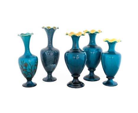 A Pair of Linthorpe Pottery Vases, shape 2127, turquoise glaze with yellow rims, impressed LINTHORPE 2127,28cm highThree Othe