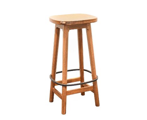 Workshop of Robert Mouseman Thompson (Kilburn): An English Oak Bar Stool, on four octagonal legs joined by rails, with wrough