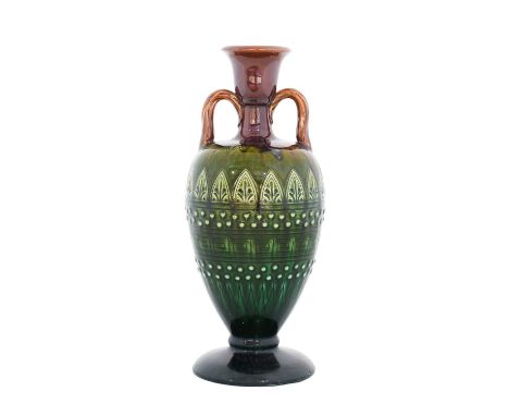 Christopher Dresser (Scottish, 1834-1904) for Linthorpe Pottery: A Twin-Handled Vase, decorated with repeating patterns, impr