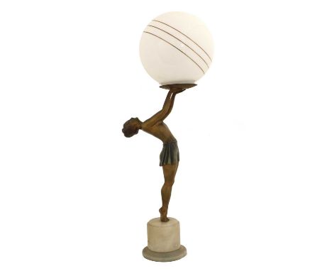 An Art Deco Patinated Spelter Figural Table Lamp, modelled as a semi-nude female on tip toes, wearing a short skirt, with arm