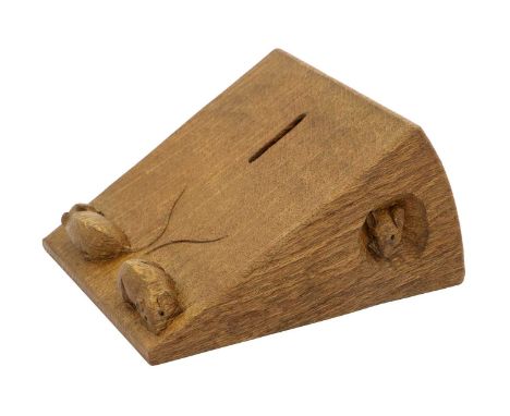 Workshop of Robert Mouseman Thompson (Kilburn): An English Oak Wedge of Cheese Money Box, with unusual three carved mice trad