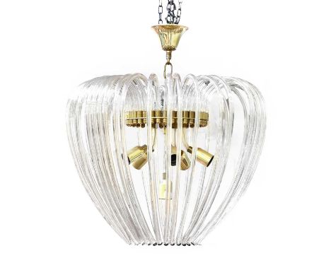 A Murano Glass and Brass Chandelier, by Paolo Venini for Venini, thirty-six curved champagne tinted glass arms, central boss 