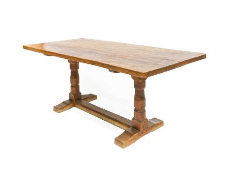 Cat and Mouseman: Lyndon Hammell (Harmby): An English Oak 6ft Refectory Dining Table, the adzed four plank top, on two turned