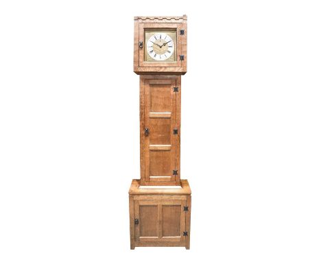 Rabbitman: Peter Heap (Wetwang): A English Oak Panelled Grandfather Clock, 1975, the movement with 10" square brass dial and 