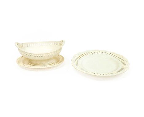 A Middlesbrough Pottery Creamware Chestnut Basket and Stand, with pierced borders, impressed factory marks,24cm wideA Group o