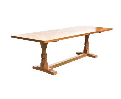 Workshop of Robert Mouseman Thompson (Kilburn): An English Oak 8ft Refectory Dining Table, adzed rectangular four plank top o