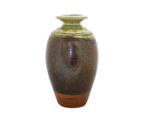 Richard Batterham (1936-2021): A Stoneware Vase, ash glaze with ribbed bands to shoulder and mottled tenmoku glaze to body, i