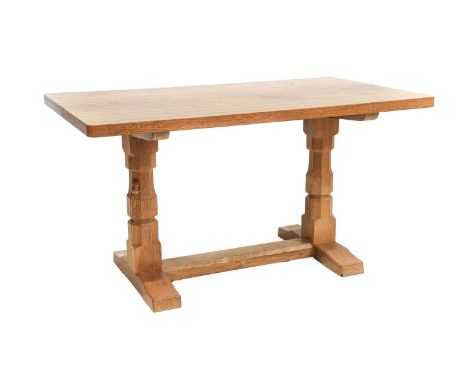 Workshop of Robert Mouseman Thompson (Kilburn): An English Oak 4'6" Refectory Dining Table, adzed four plank top, on two octa