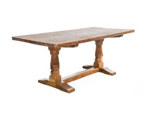 Robert Mouseman Thompson (1876-1955): An English Oak 6ft Refectory Dining Table, 1930's, three plank dowelled top, adzed both