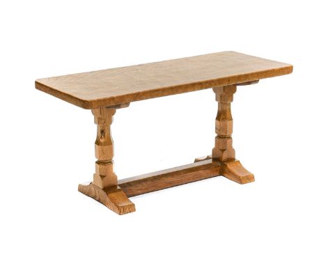 Workshop of Robert Mouseman Thompson (Kilburn): An English Oak 3ft Refectory Coffee Table, the rectangular adzed top on two o