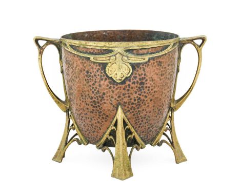 A Jugendstil Copper and Brass Twin-Handled Planter, designed by Carl Deffner, Esslingen, planished with stylised handles, fou