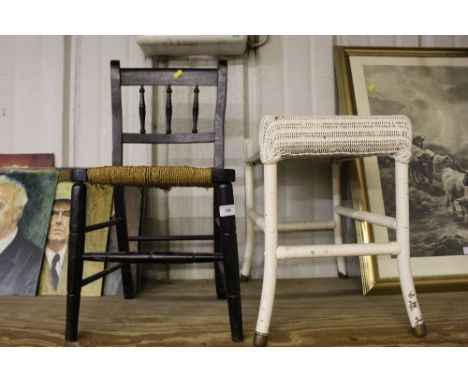 A child's ebonised and string seated chair and a white painted loom stool