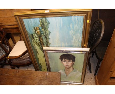 A portrait oil on board study; and a large gilt framed oleograph of a canal scene