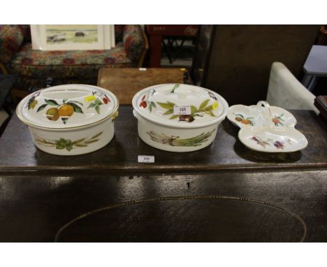Two Royal Worcester Evesham tureens and covers; and an hors d'eouvres dish
