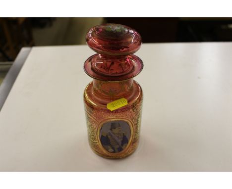 A Bohemian glass jar painted with a portrait of the Tsar of Persia, circa 1873