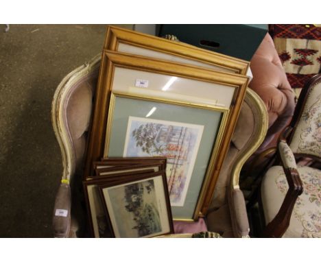 A set of hunting prints; a pencil signed print; a pine framed print of a dog; a charcoal portrait etc.
