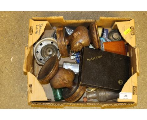 A box containing a Ronson table lighter; a pewter inkwell; a pair of opera glasses etc.