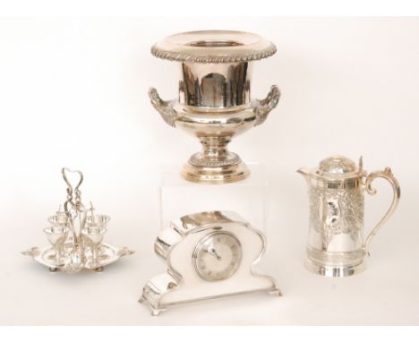 A small parcel lot of silver plated items to include two salvers, an egg cruet, a champagne bucket, fish knives and forks, a 