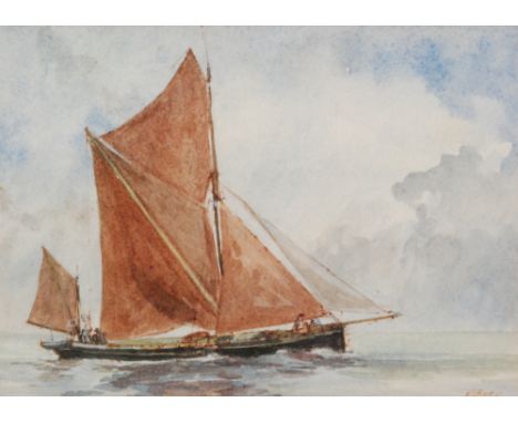 K C BOAR (CONTEMPORARY) - Moored Thames barges in an estuary, ink and wash drawing, signed, framed, 18.5cm x 26cm, also two o