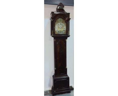 A George III mahogany longcase clock, with an eight day movement striking on a bell, the pagoda top above brass capped pilast