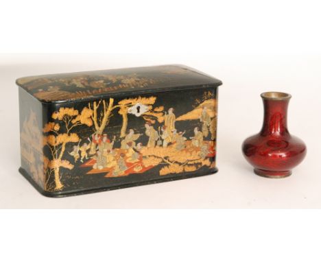 A 19th Century twin section papier mache tea caddy, the outside detailed with scenes of a Japanese garden party, fishermen an