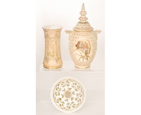 Three pieces of Graingers &amp; Co, Royal China Works comprising a reticulated vase and spire cover enamel decorated with but