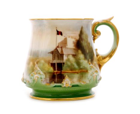 An early 20th Century Royal Worcester tankard decorated with a hand painted scene of Worcester Rowing Club, the reverse with 