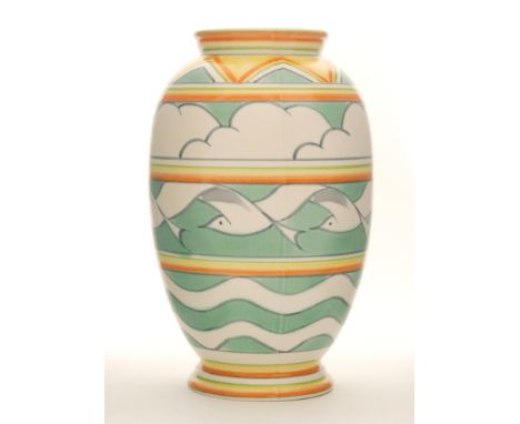 A later 20th Century Poole Studio vase decorated with a banded pattern with chevrons, clouds and stylised birds, to a design 