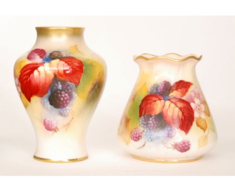 Two pieces of Royal Worcester decorated by Kitty Blake, the first a small vase of high shouldered form decorated with hand pa