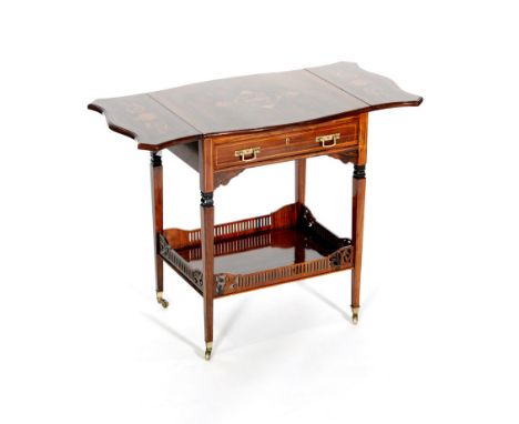 A late 19th to early 20th Century rosewood and marquetry inlaid drop-leaf occasional table of serpentine outline, with foliat