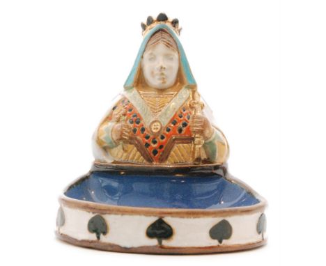 A Royal Doulton Lambeth trinket dish modelled as the Queen of Spades above a small blue glazed oval well, impressed mark, hei