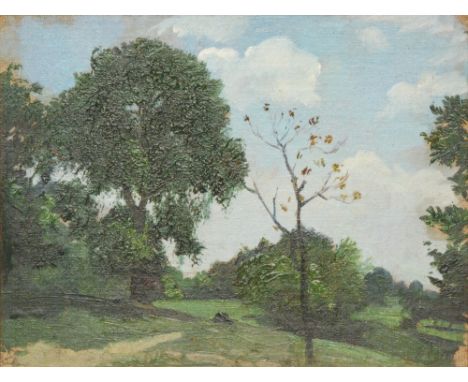 FOLLOWER OF ALGERNON NEWTON, RA (1880-1968) - 'Hampstead Heath', oil sketch on artist's board, signed indistinctly with initi