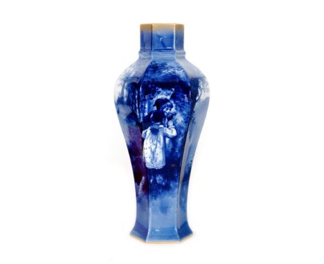 A large early 20th Century Royal Doulton hexagonal Blue Children vase decorated with two small children peering into a tree t