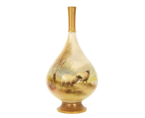 A Royal Worcester shape H307 vase of footed globe and shaft form decorated by Harry Davis with hand painted sheep in a landsc