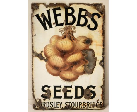 A large enamel pictorial advertising sign for Webbs' Seeds, Wordsley, Stourbridge, the lettering in black against a white gro