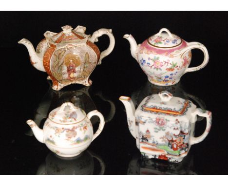 Four assorted teapots comprising a late 19th Century example decorated in the Aesthetic style with transfer applied scenes of