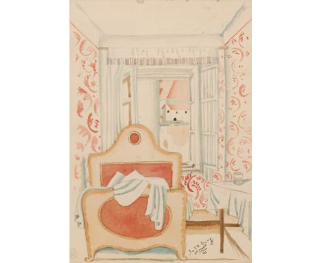 ALBERT WAINWRIGHT (1898-1943) - A bedroom interior, Salzburg, watercolour, unframed, 25cm x 17.5cm also painted verso with an