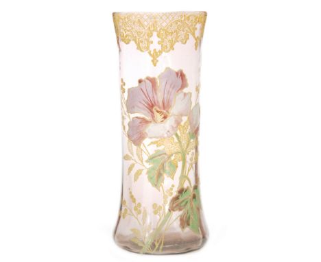 A late 19th to early 20th Century Mont Joye &amp; Cie vase of waisted sleeve form, transfer printed and enamel decorated with