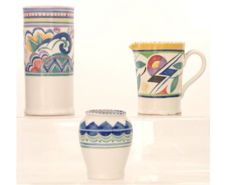 Three pieces of 1930s Poole Pottery comprising a BY pattern cylinder vase, a small baluster vase in the BP pattern and a smal