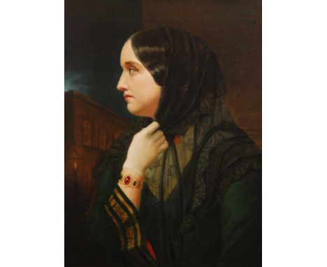 ENGLISH SCHOOL, MID 19TH CENTURY - 'A portrait of a young woman wearing a black shawl', oil on canvas, framed, 64cm x 48cm 