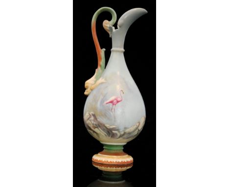 An early 20th Century Royal Worcester shape 2441 pedestal ewer decorated in the manner of George Johnson with a hand painted 