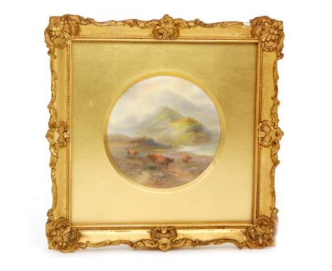 An early 20th Century framed Royal Worcester circular plaque decorated by J. Stinton with hand painted Highland cattle in a m