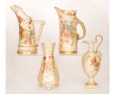 Four pieces of Royal Worcester blush ivory comprising a shape 1116 'stag horn' ewer decorated with a spray of flowers, a shap