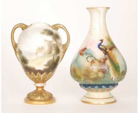 Two pieces of Royal Worcester comprising a shape H285 vase decorated by A. Lane with a hand tinted peacock perched on a pine 