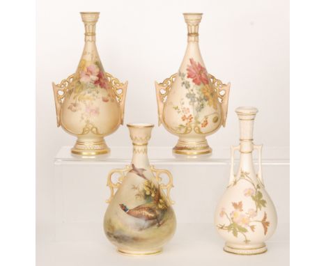 Three pieces of Royal Worcester blush ivory comprising a matched pair of shape 982 vases decorated with spring flowers and a 