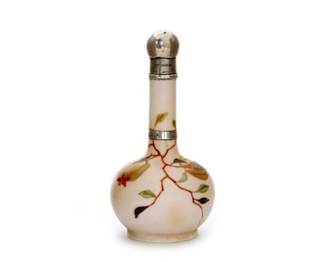 A late 19th Century porcelain Queens Burmese style scent bottle of globe and shaft form with silver mounts, hand enamelled wi